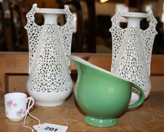 Pair pierced vases, jug and mug